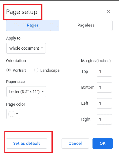 Haga clic en Establecer como predeterminado. ¿Cuáles son los márgenes predeterminados en Google Docs?