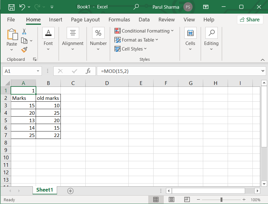 ฟังก์ชันโมดูลัส excel