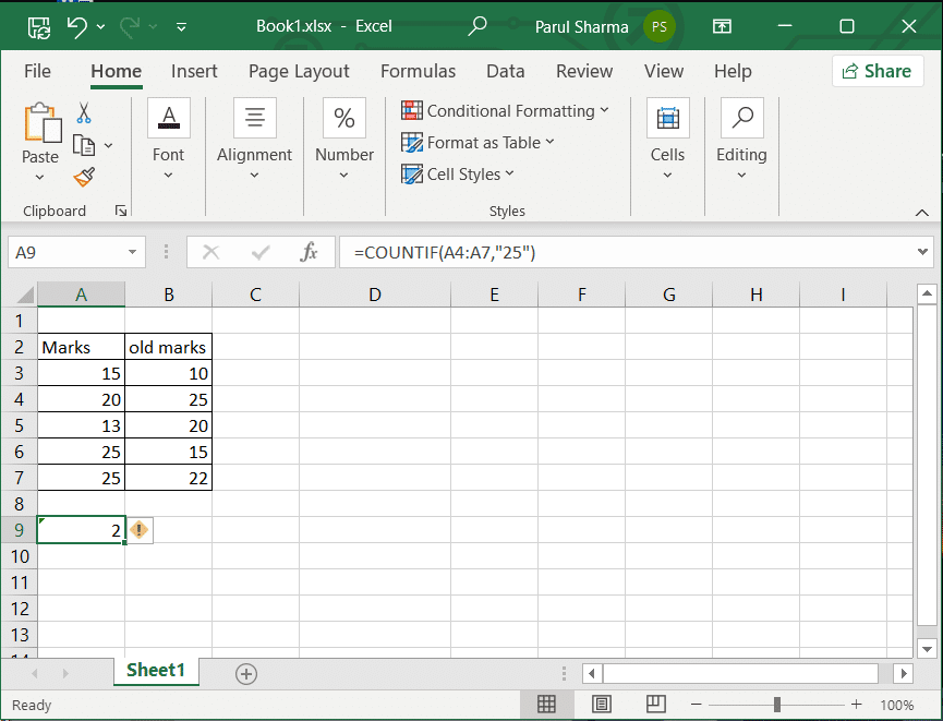 función de recuento de excel