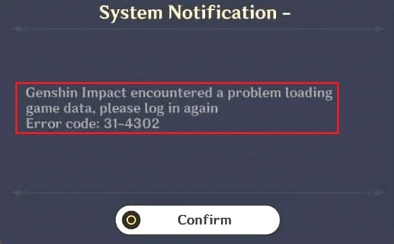 Código de erro de impacto Genshin 31 4302