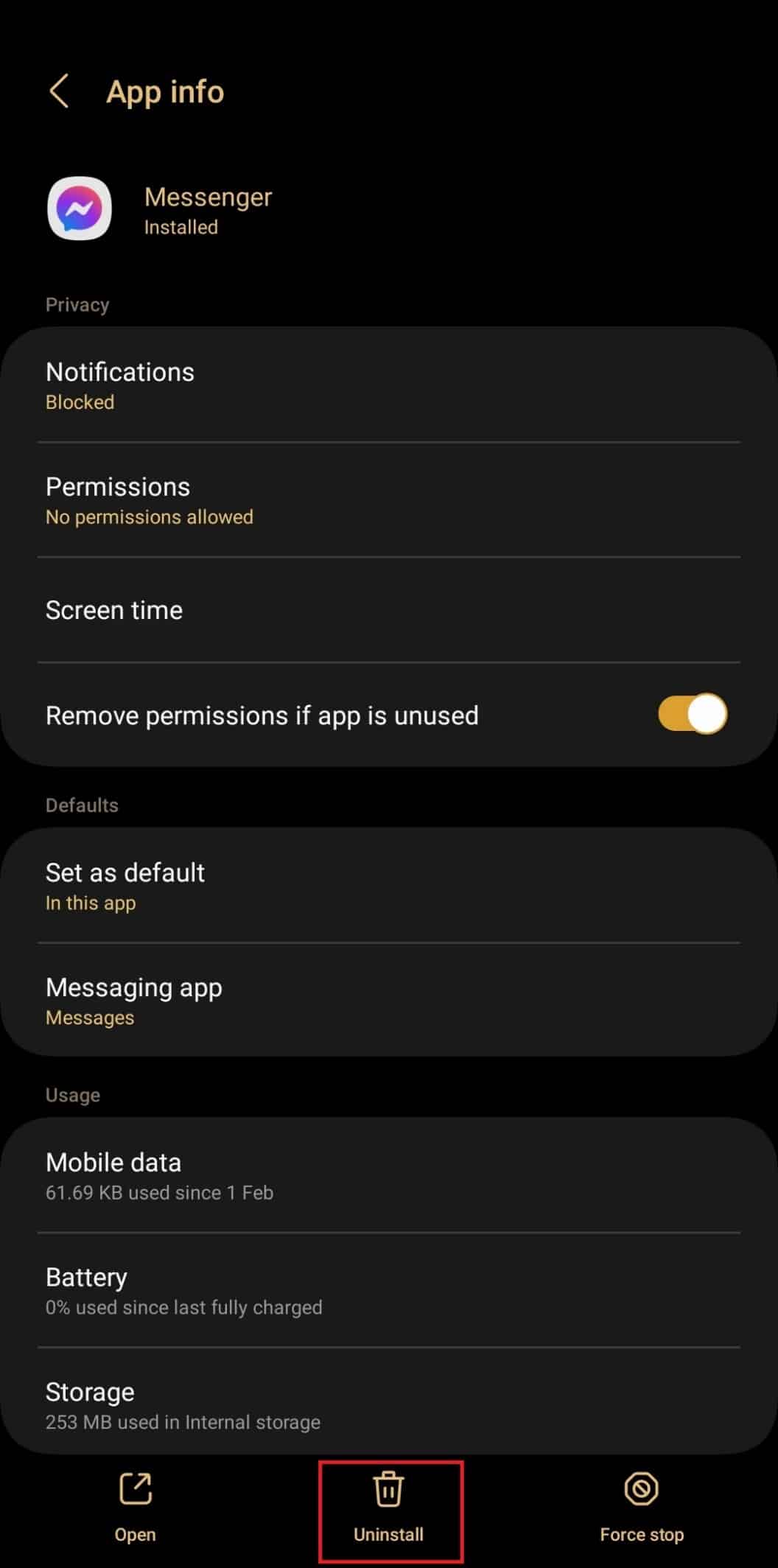 Opzione di disinstallazione per l'app Messenger