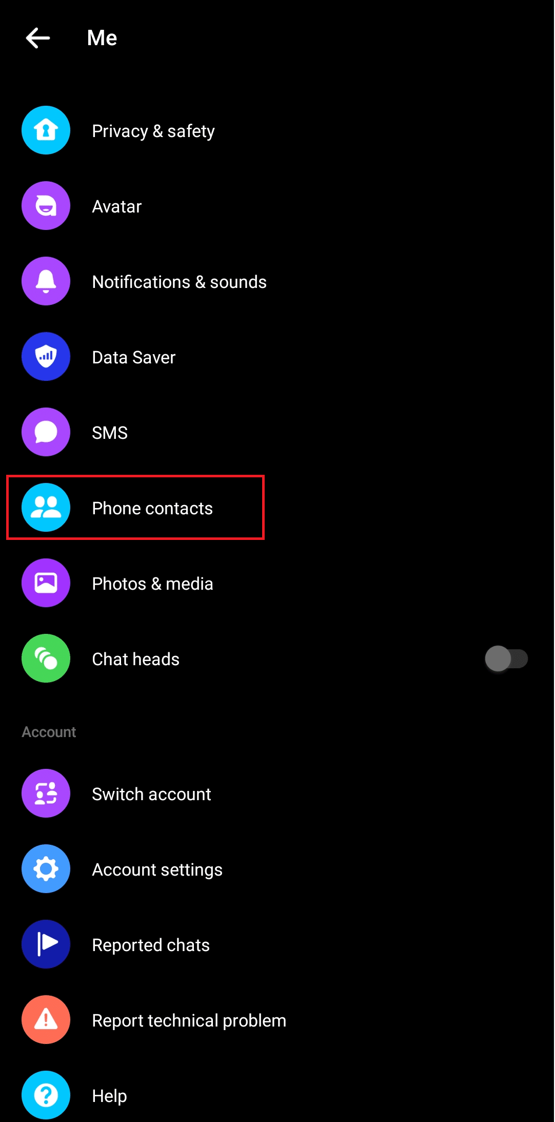 Derulați și navigați la opțiunea Contacte telefon. Remediați contactele Facebook Messenger care nu sunt afișate