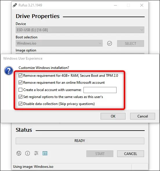 Nous vous recommandons de sélectionner les quatre options suivantes concernant l'expérience utilisateur de Windows 11 lors de la création d'une clé USB amorçable contenant l'installation de Windows 11