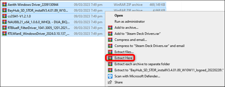 Ar trebui să extrageți cele șase arhive de drivere Steam Deck Windows în același folder în care le-ați descărcat
