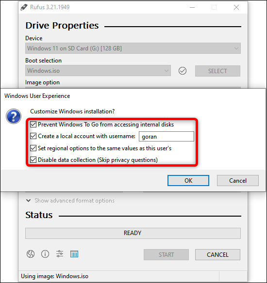 Mostrando quais opções de experiência do usuário do Windows devem ser verificadas antes que o Rufus comece a criar uma instalação inicializável do Windows 10 no cartão MicroSD