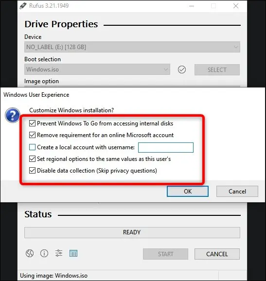 Affichage des options d'expérience utilisateur Windows à vérifier avant que Rufus ne commence à créer une installation amorçable de Windows 11 sur la carte MicroSD