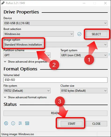 Windows 11 kurulumunu içeren önyüklenebilir bir USB flash sürücü oluştururken Standart Windows Kurulumu seçeneğini seçmelisiniz.