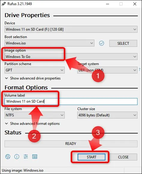 Pilih opsi gambar Windows To Go dan mulai proses pembuatan instalasi Windows 11 yang dapat di-boot pada kartu MicroSD Anda