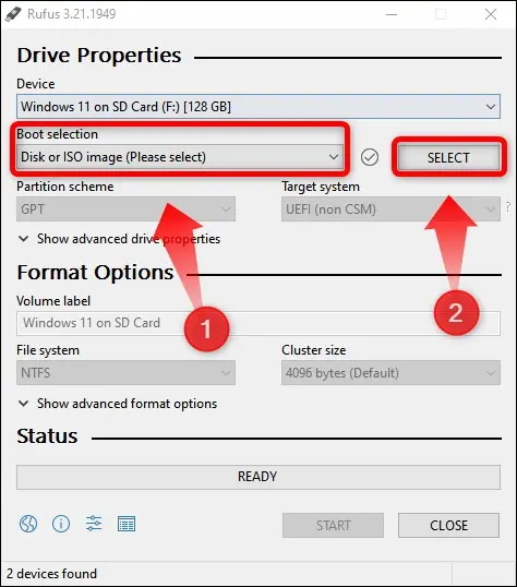 Vous devez choisir l'option Disque ou Image ISO, puis sélectionner votre fichier ISO Windows et l'ouvrir.