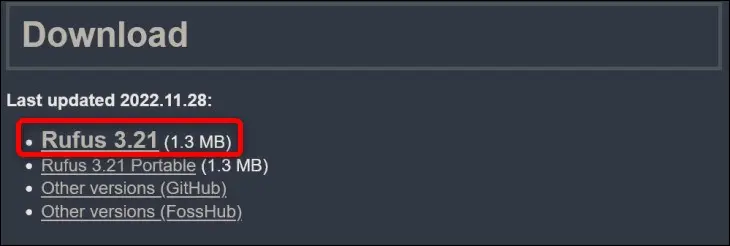 Rufus'un hangi sürümünün indirileceği gösteriliyor