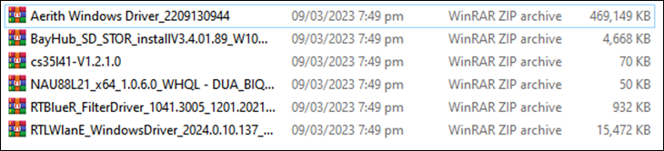 Cele șase arhive zip ale driverelor Steam Deck Windows listate