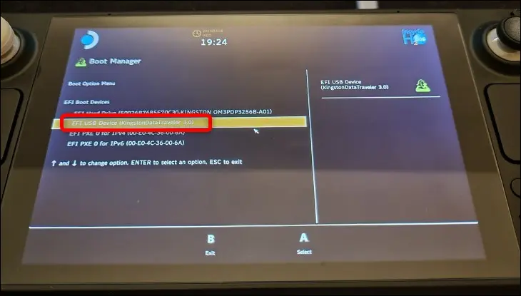 Pilih USB Flash drive Anda di Boot Manager Steam Deck