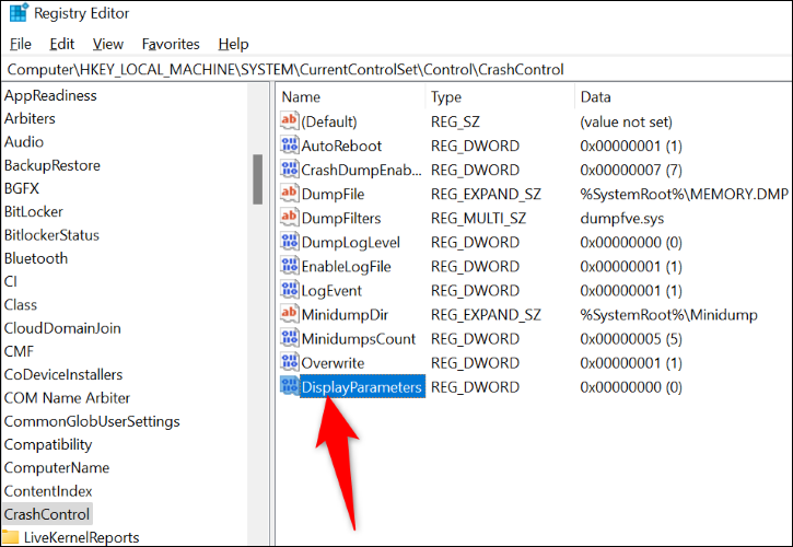 Masukkan "DisplayParameters" sebagai nama entri.