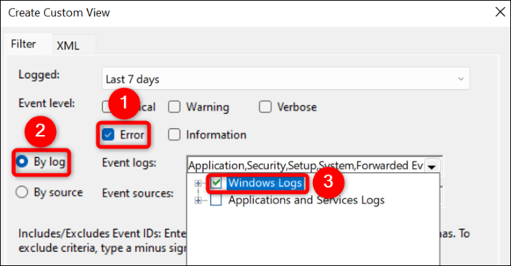 Configure a visualização do log de erros.