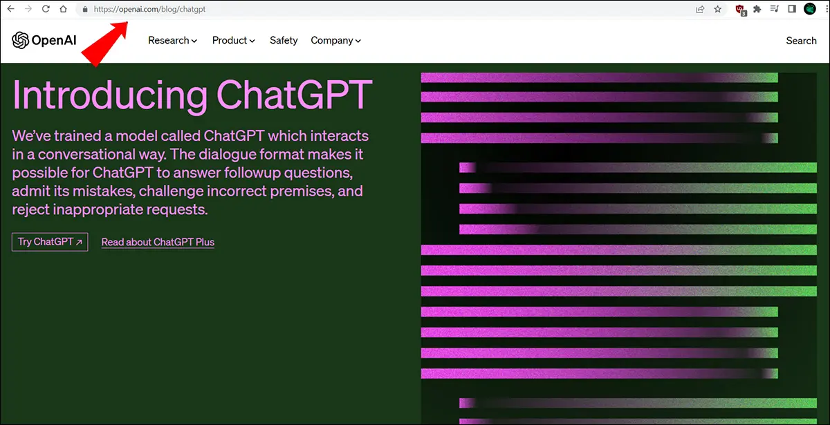 OpenAI'nin resmi ChatGPT sayfasının resmi, ekranın üst kısmında web sitesi adresini gösteren kırmızı bir ok ile.