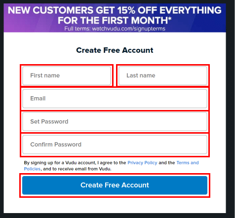 Введите свое имя и фамилию, адрес электронной почты и пароль, затем нажмите кнопку «Создать бесплатную учетную запись», чтобы успешно создать учетную запись Vudu.