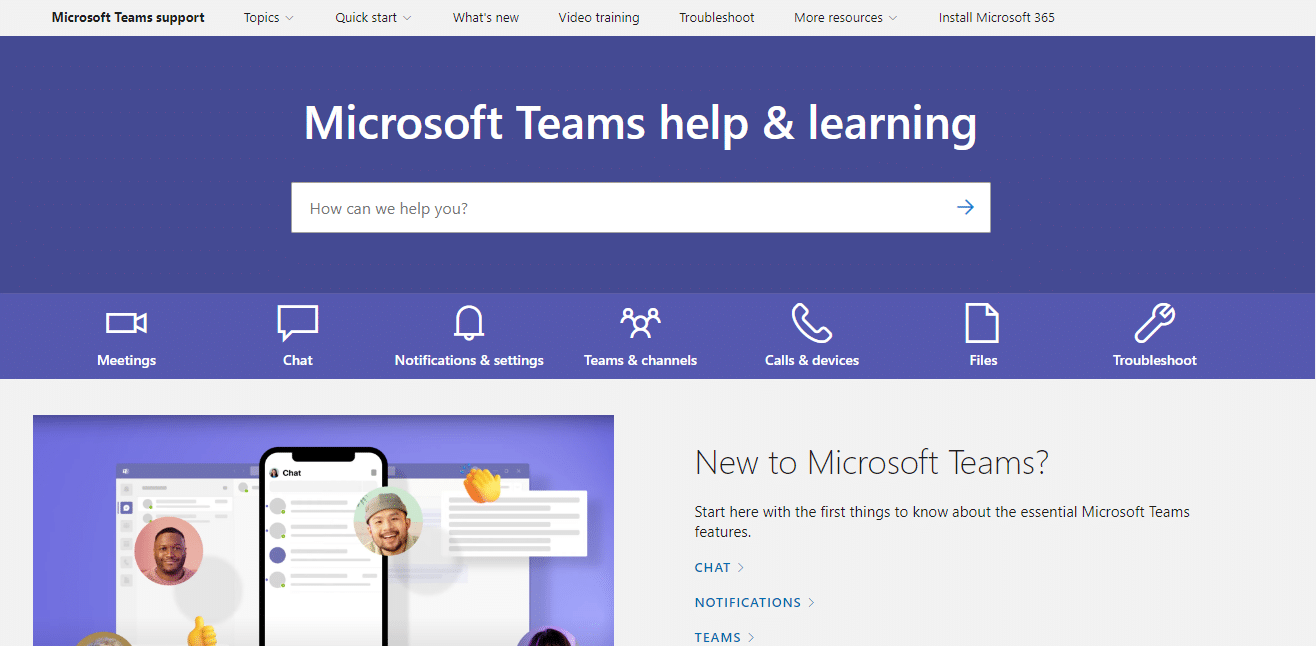 Microsoft 团队支持页面。修复 Microsoft Teams 错误代码 4c7