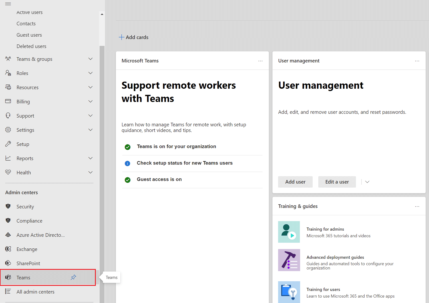 Desplácese hacia abajo hasta el área del Centro de administración de Office 365 en el panel izquierdo y haga clic en Equipos