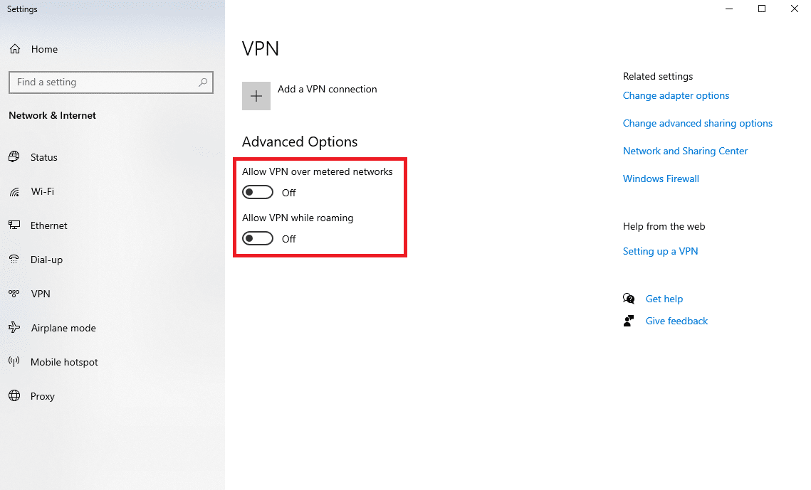 desactive Permitir VPN en redes medidas y Permitir VPN en roaming