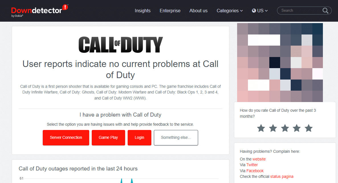 Pagina del downdetector di Call of Duty