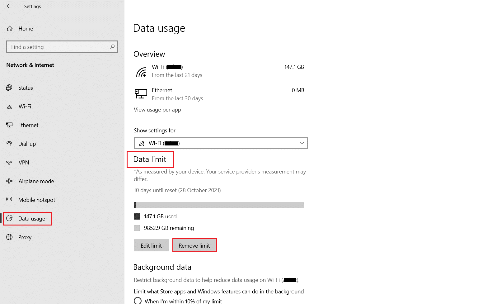 haga clic en eliminar en la sección Límite de datos en el menú Uso de datos para eliminar el límite de datos