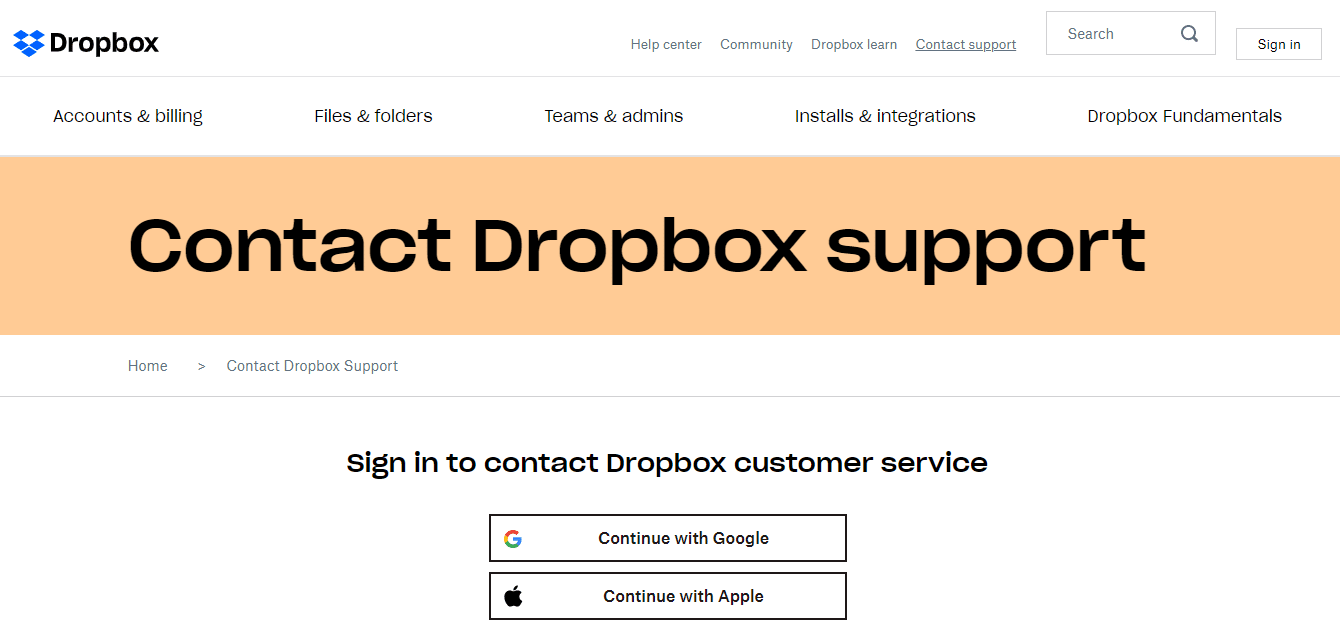 Póngase en contacto con la página de soporte de Dropbox