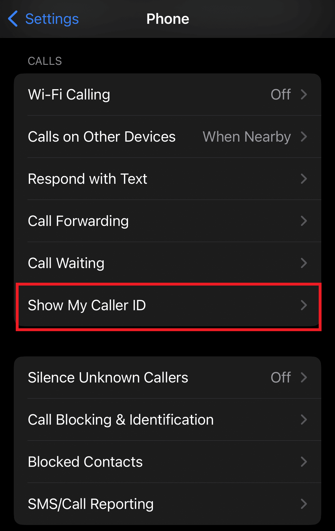 Tocca Mostra il mio ID chiamante. Come sapere se sei bloccato su iPhone senza chiamare