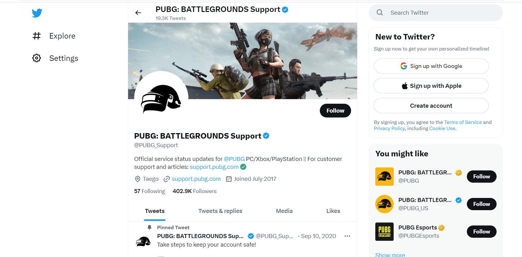 Page Twitter officielle de pubg