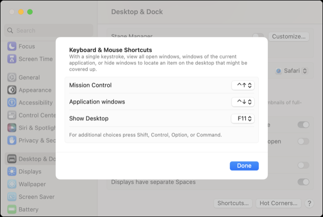 Raccourcis clavier de Mission Control