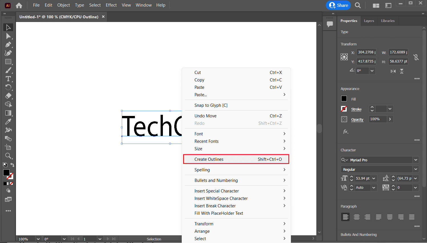 Klicken Sie mit der rechten Maustaste auf den eingegebenen Text und wählen Sie die Option „Konturen erstellen“ | So gliedern Sie Text in Adobe Illustrator