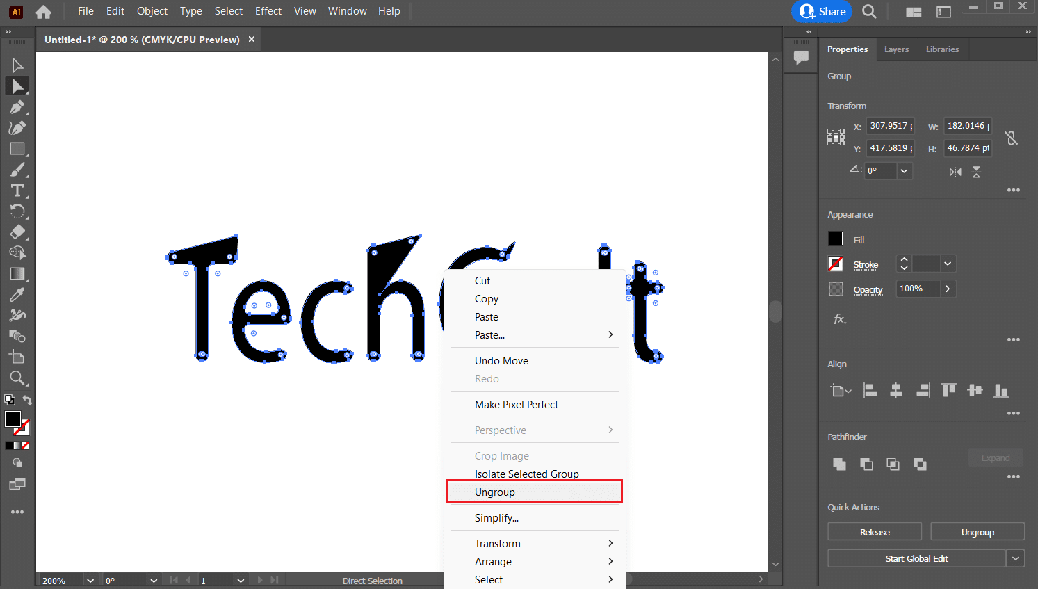 sélectionner et faire un clic droit sur tout le texte - Dissocier | Comment décrire le texte dans Adobe Illustrator