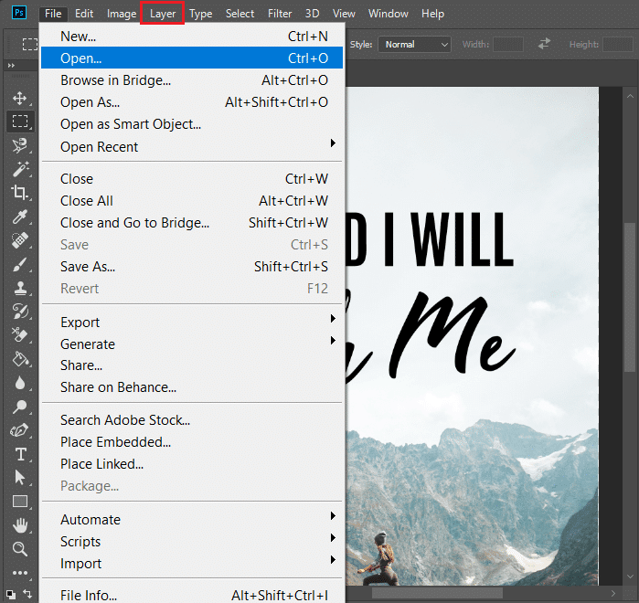 fai clic sull'opzione Livello in Photoshop