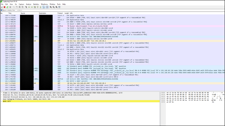 Wireshark перехватывает сетевой трафик