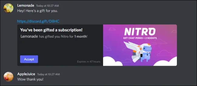 Exemple de cadeau Discord Nitro légitime