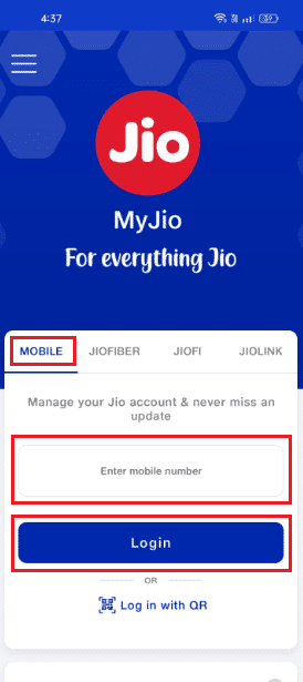 На вкладке «МОБИЛЬНЫЕ» введите номер своего мобильного телефона Jio и нажмите «Войти».