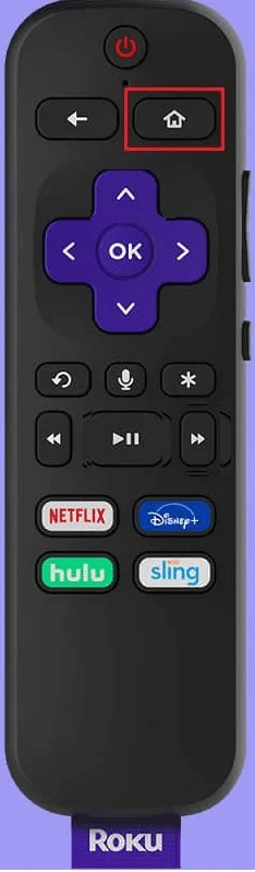Appuyez sur le bouton Accueil de la télécommande Roku. Correction du code d'erreur 73 de Disney Plus