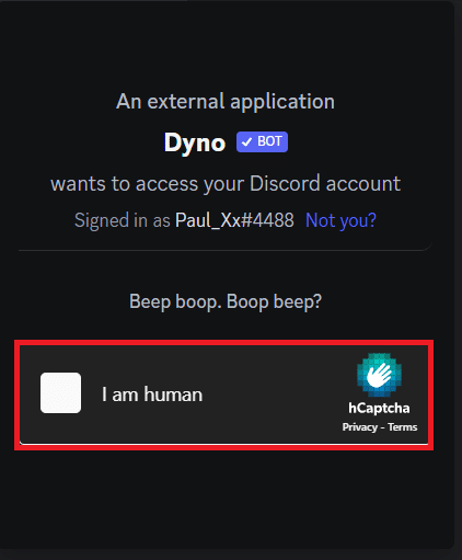 Пройдите CAPTCHA, чтобы добавить бота Dyno. Как предупредить кого-то в Discord