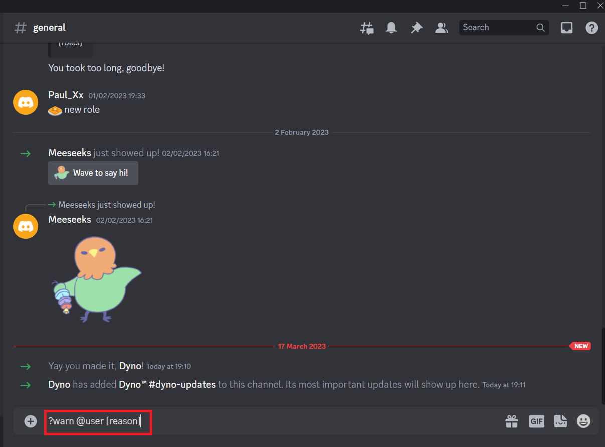 Введите следующую команду в канал или прямое сообщение Dyno с предупреждением о причине пользователя