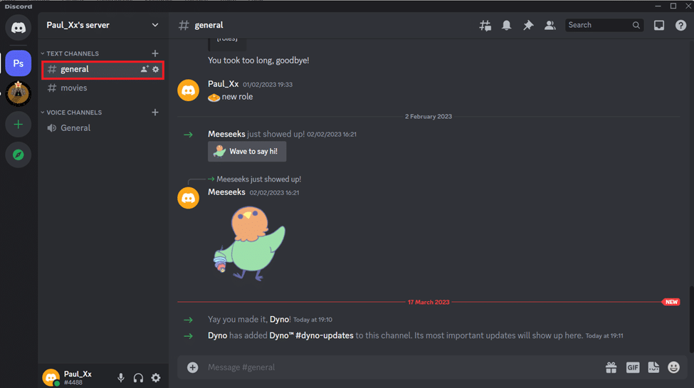 Откройте канал Discord или прямое сообщение, где пользователь предупрежден. В этом случае общий канал