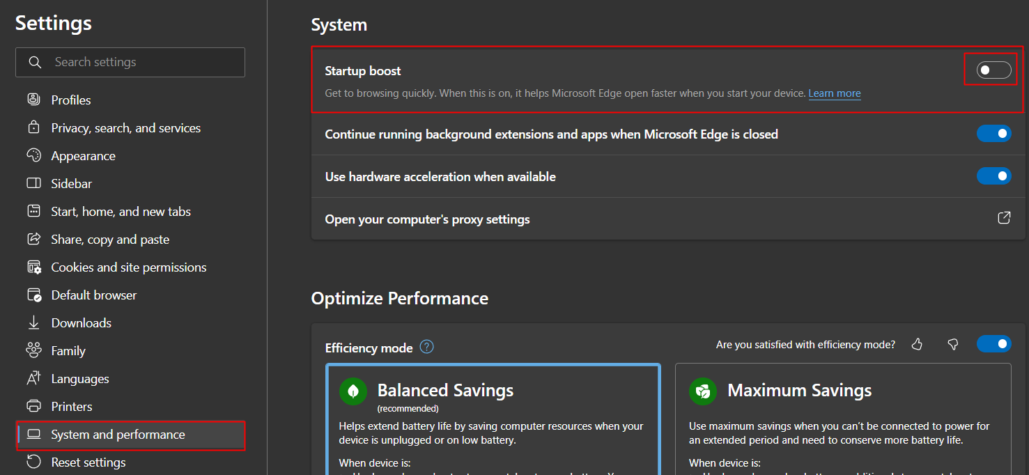 Başlatma hızlandırma anahtarını kapatın. Bing Sohbet Düğmesini Microsoft Edge'den Kaldırma