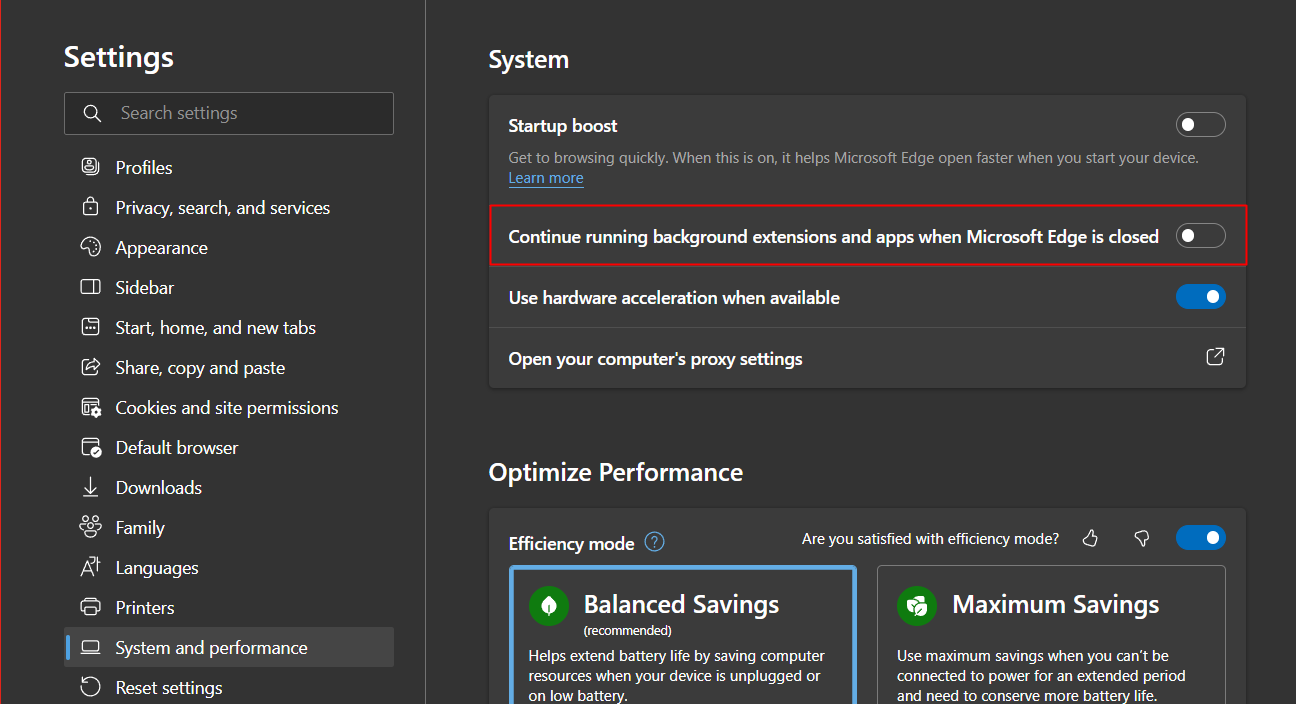 Nonaktifkan juga Lanjutkan menjalankan ekstensi dan aplikasi latar belakang saat Microsoft Edge ditutup dari sakelar