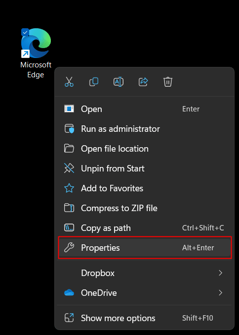 faceți clic dreapta pe comanda rapidă Microsoft Edge și alegeți proprietăți