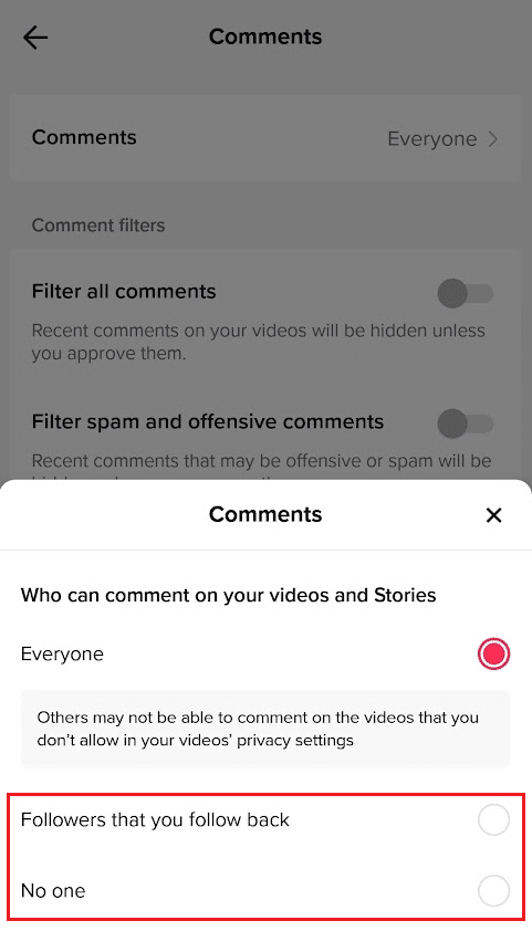 フォローバックするフォロワーまたはラジオボタンなし | TikTokでコメントを制限する方法