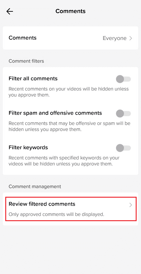 appuyez sur Examiner les commentaires filtrés | Comment limiter les commentaires sur TikTok