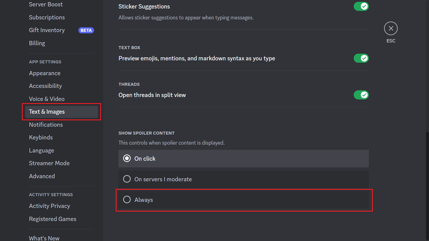 Teks & Gambar - Selalu tombol radio dari bagian TAMPILKAN KONTEN SPOILER | Cara Menyembunyikan Gambar di Discord Mobile