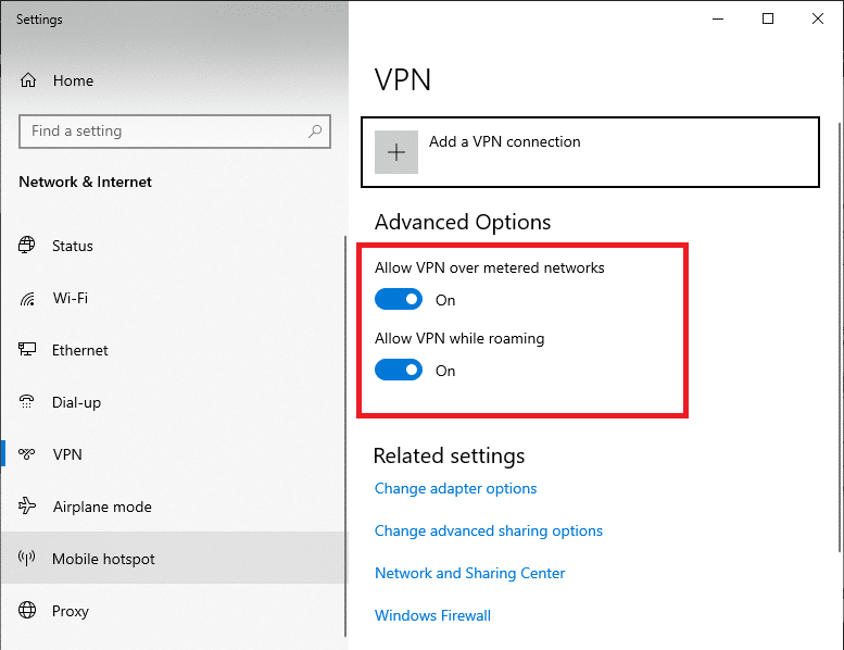 desconecte el servicio VPN activo y desactive las opciones de VPN en Opciones avanzadas