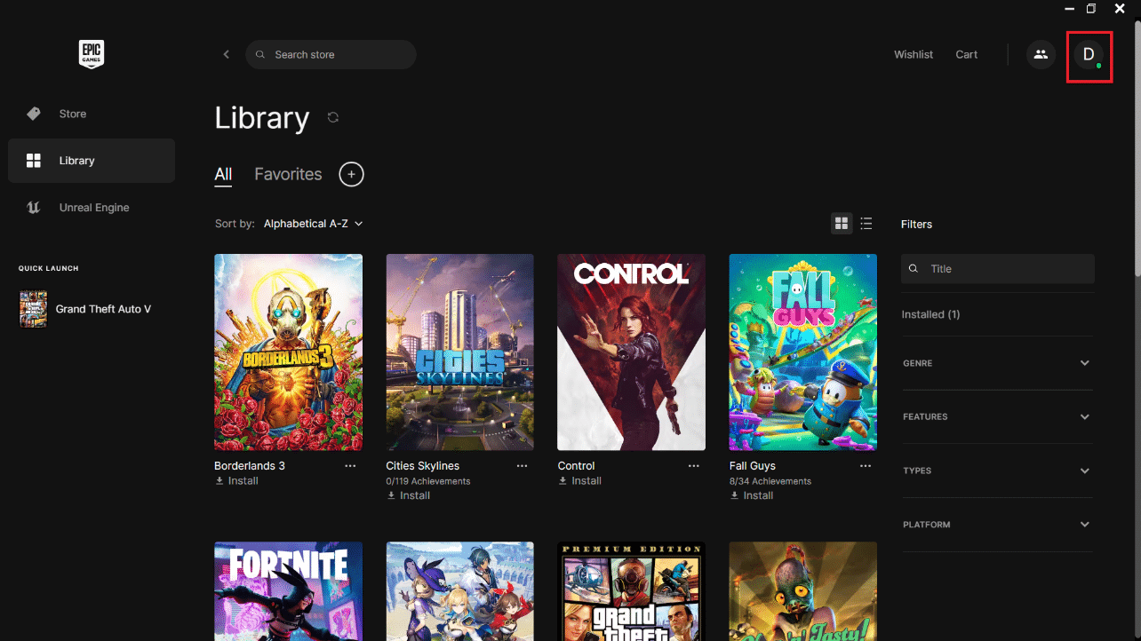 Buka peluncur Epic Games dan klik ikon Profil