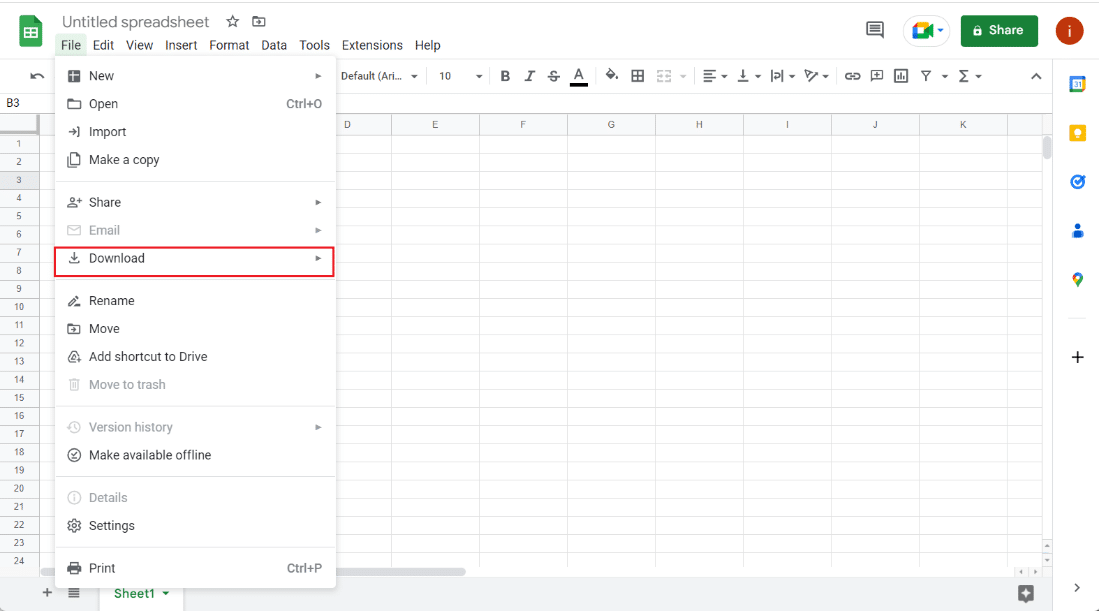 Klik Unduh. Cara Mengonversi Google Sheets ke Excel Secara Otomatis