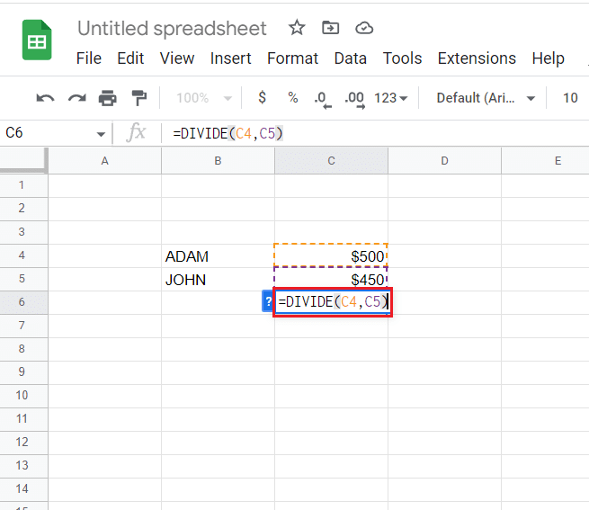 أدخل الصيغة ، = DIVIDE (C4، C5)