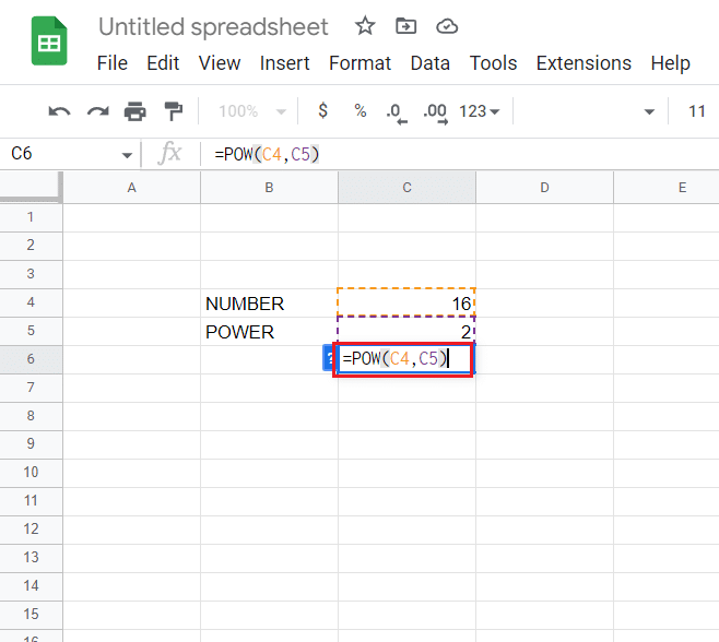 공식 입력 =POW(C4,C5)